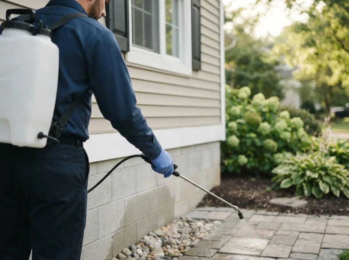 Pest control technician inspecting a home in Henry, IL
